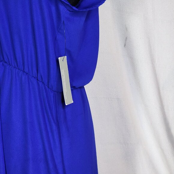 Sweet Rain Blue SS V Neck Poly Silver Button Shoulder Peplum Midi Dress Jr Sz L - Picture 10 of 16